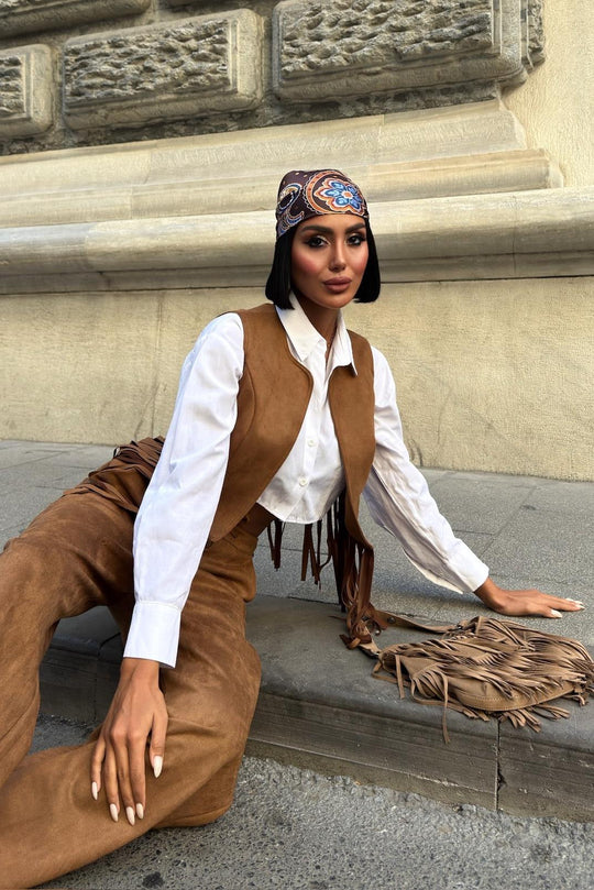 Fringe Detail Suede Vest & Pants Set – Boho Western Chic Outfit