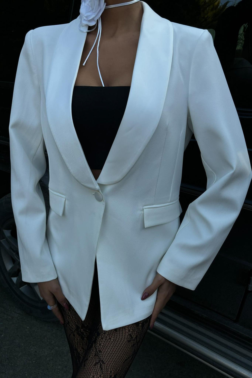 Satin Lapel Classic Blazer – Elegant White Evening Jacket for Women