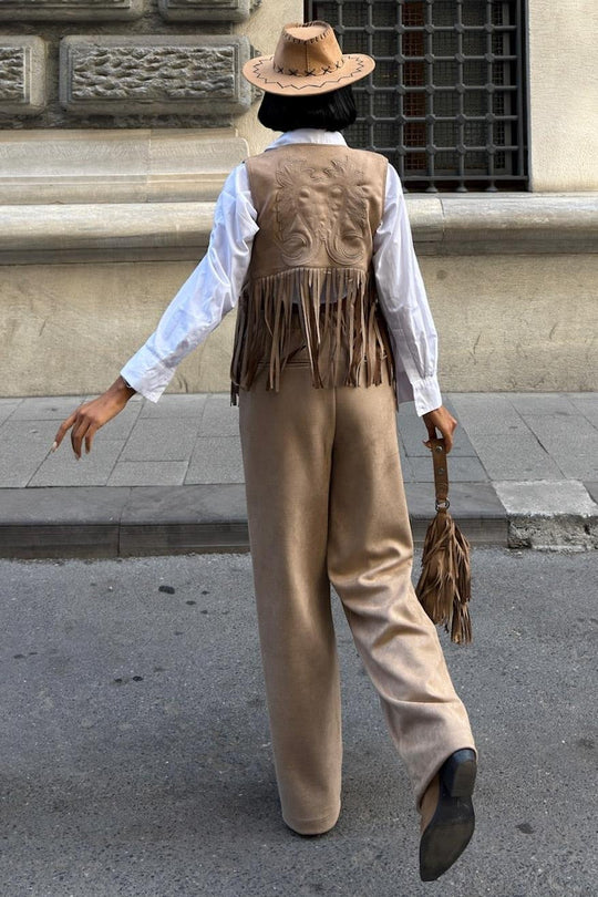 Fringe Detail Suede Vest & Pants Set – Boho Western Chic Outfit