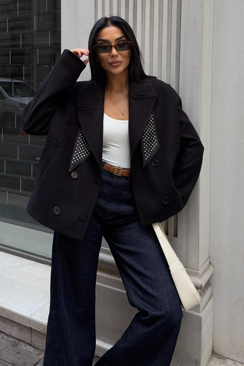 Premium Wool-Blend Short Coat with Scarf Detail – Elegant Casual Jacket for Women