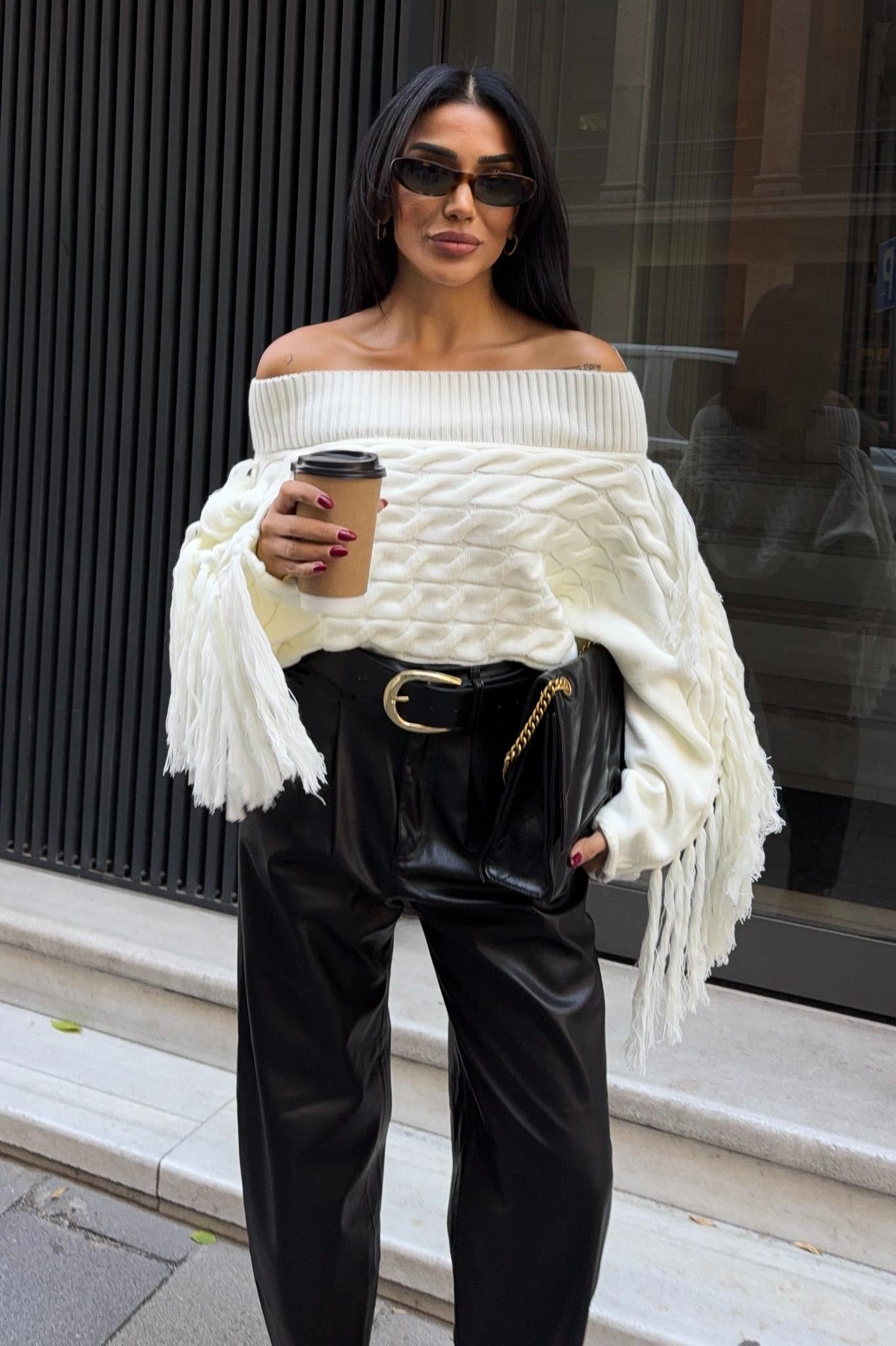Aidan Off-Shoulder Fringe Knit Sweater – Oversized Cable Texture Chic Pullover