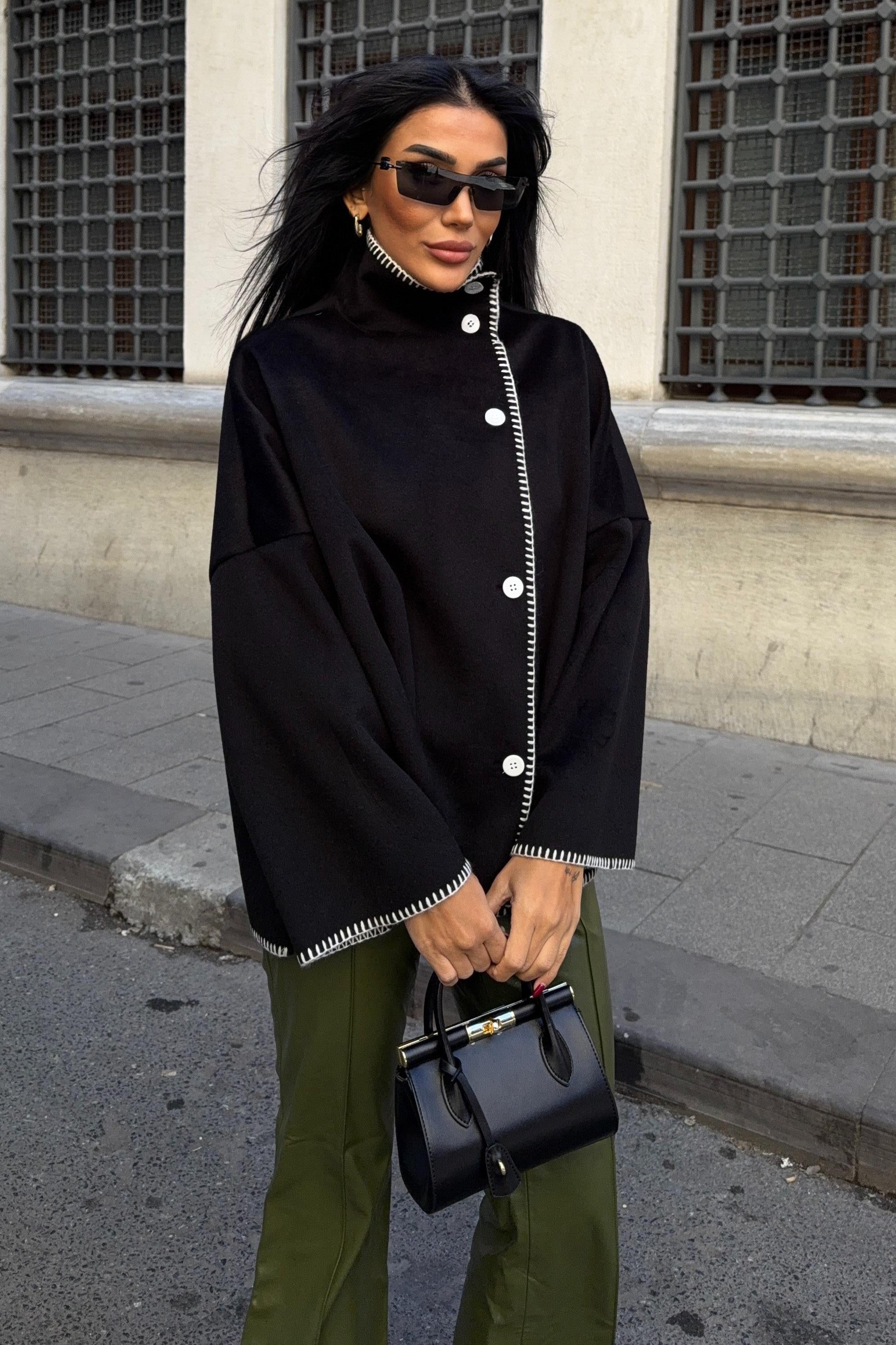 High-Neck Wool Blend Coat with Contrast Stitch Detail – Elegant Midi Length