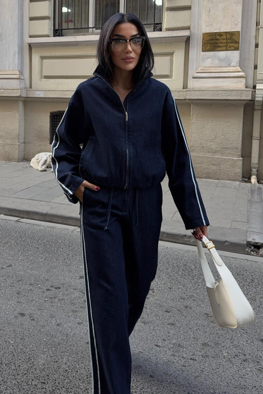 Denim Stripe Jacket & Pants Set – Premium Casual Street Style