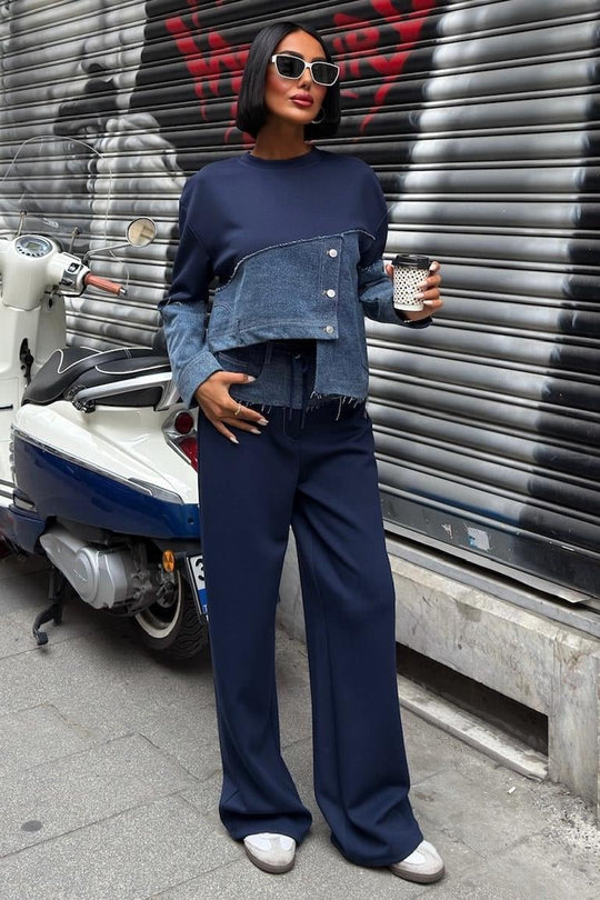 Denim Detailed Two-Tone Modal Sweatshirt & Wide-Leg Pants Set