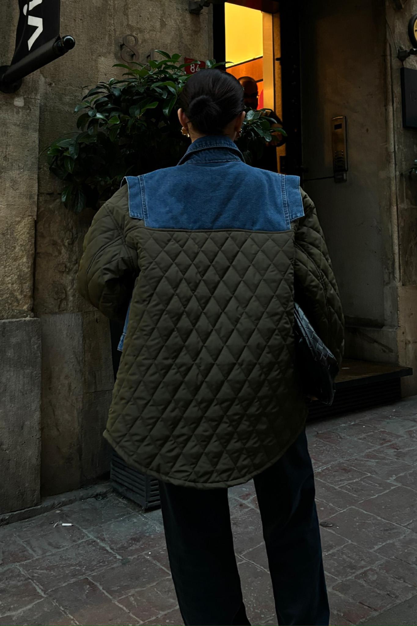 Denim Panel Quilted Long Jacket – Two-Tone Streetwear Layer for Effortless Cool