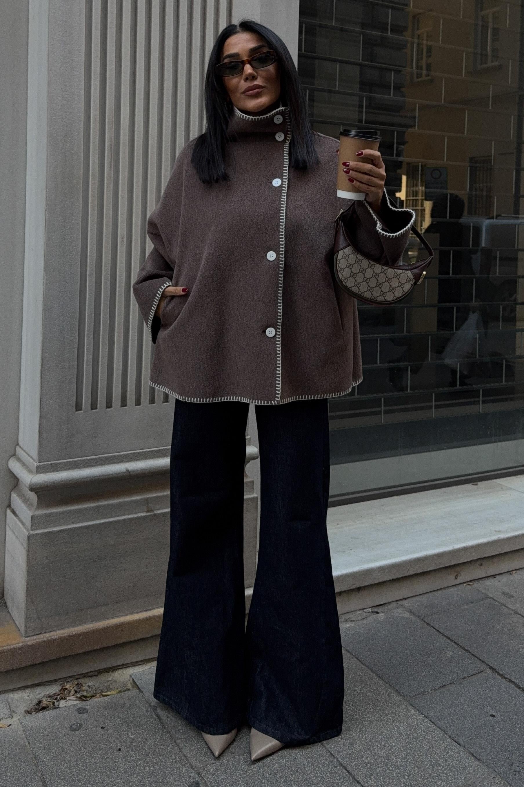 High-Neck Wool Blend Coat with Contrast Stitch Detail – Elegant Midi Length