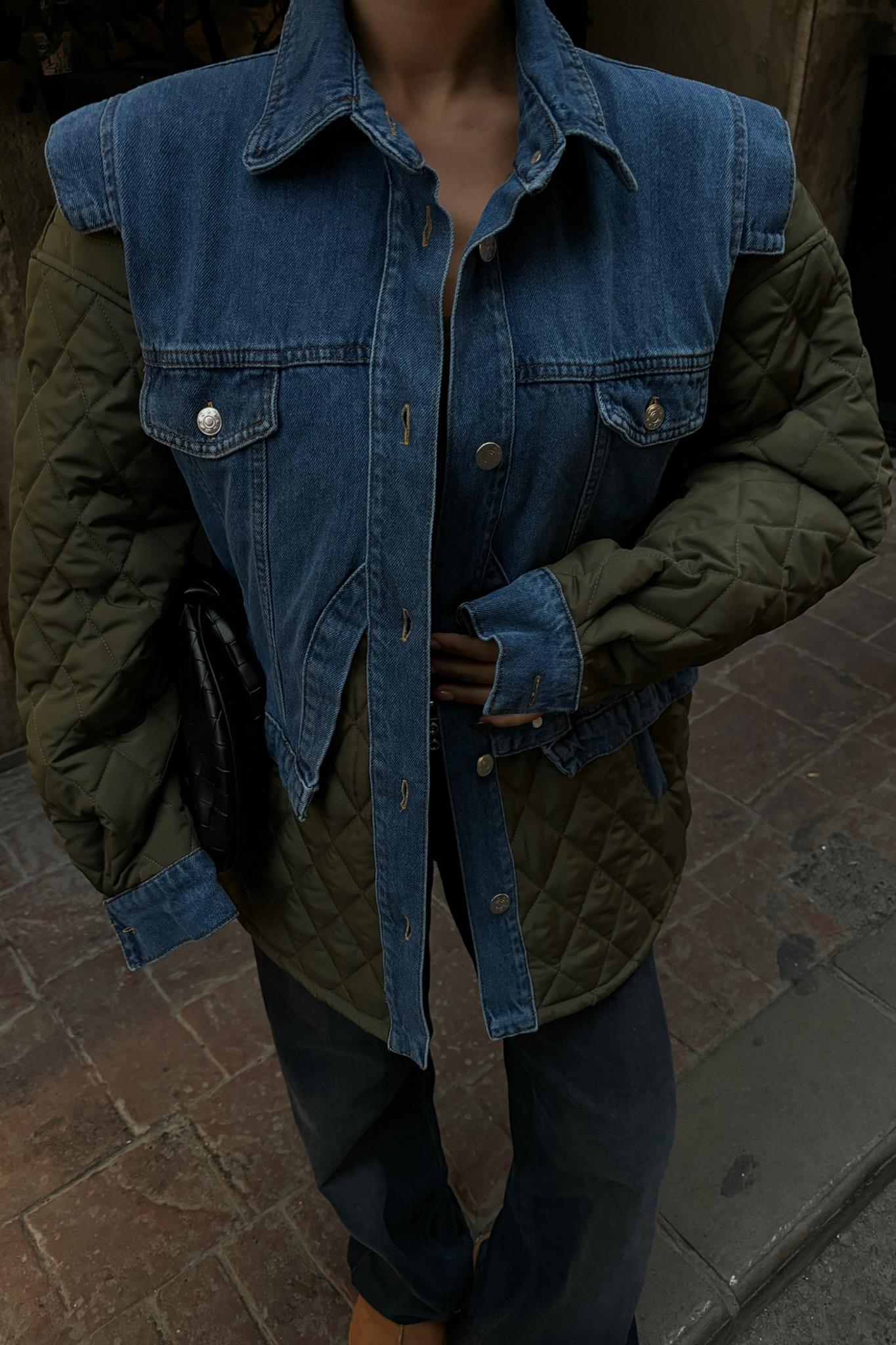 Denim Panel Quilted Long Jacket – Two-Tone Streetwear Layer for Effortless Cool