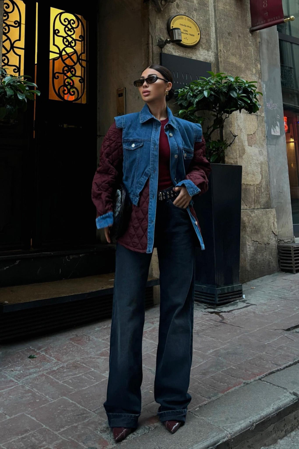 Denim Panel Quilted Long Jacket – Two-Tone Streetwear Layer for Effortless Cool