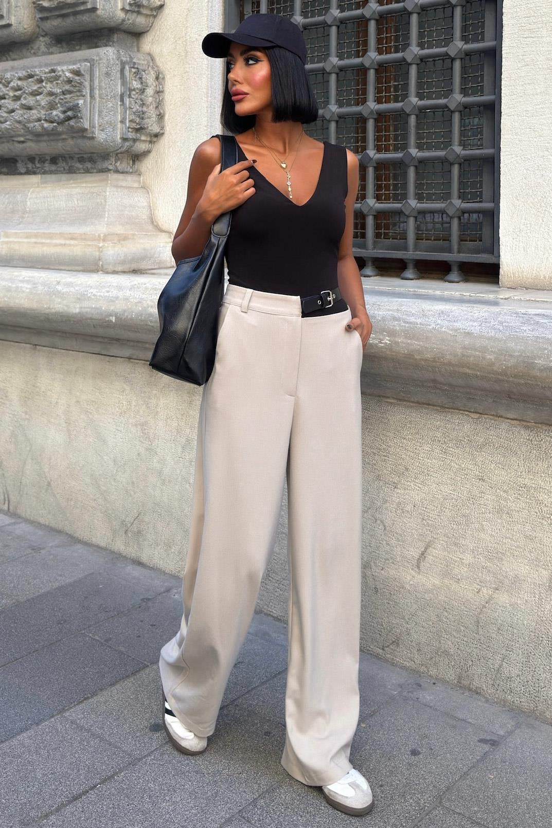 Belted High-Waist Wide Leg Pants – Premium Polyviscose Fabric