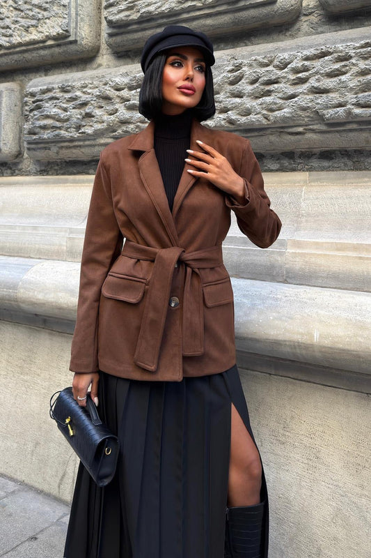 Soft Suede Belted Blazer Jacket – Timeless Chic Outerwear for Everyday Elegance
