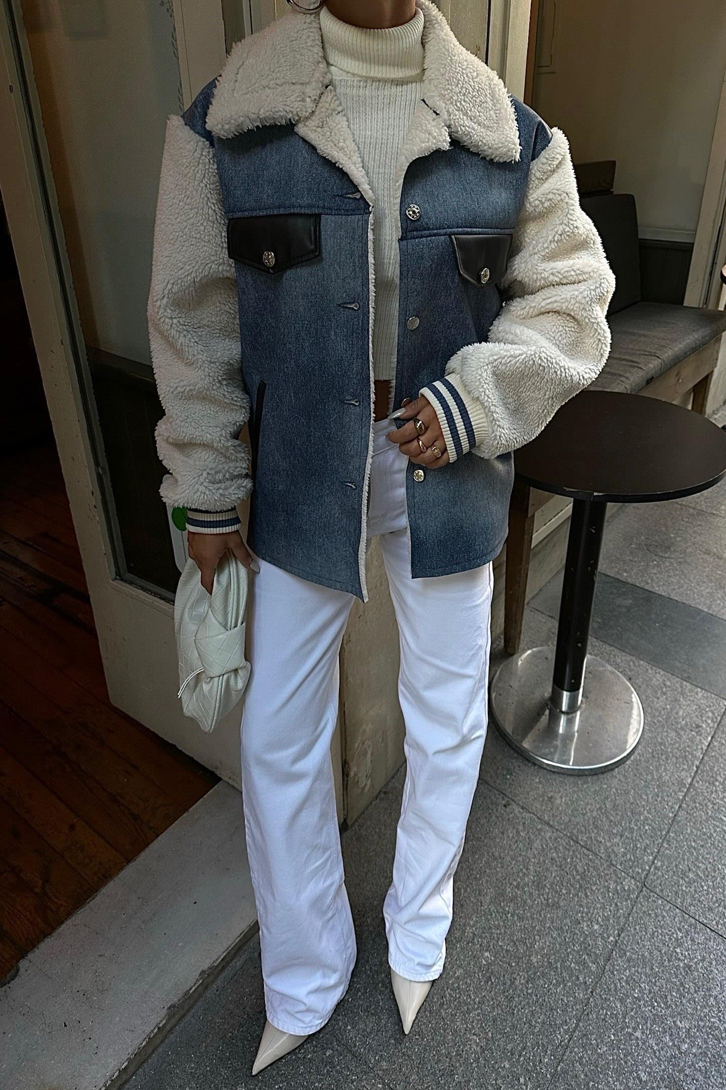 Denim & Sherpa Panel Bomber Jacket – Cozy Street Chic Contrast Design
