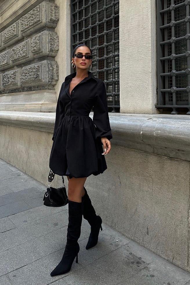 Pleated Button-Up Mini Dress – Long Sleeve Casual A-Line Dress