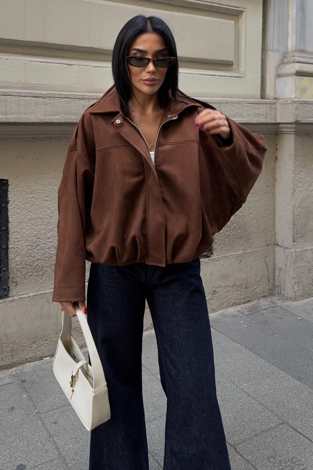 Premium Suede Bomber Jacket – Oversized Short Jacket for Women