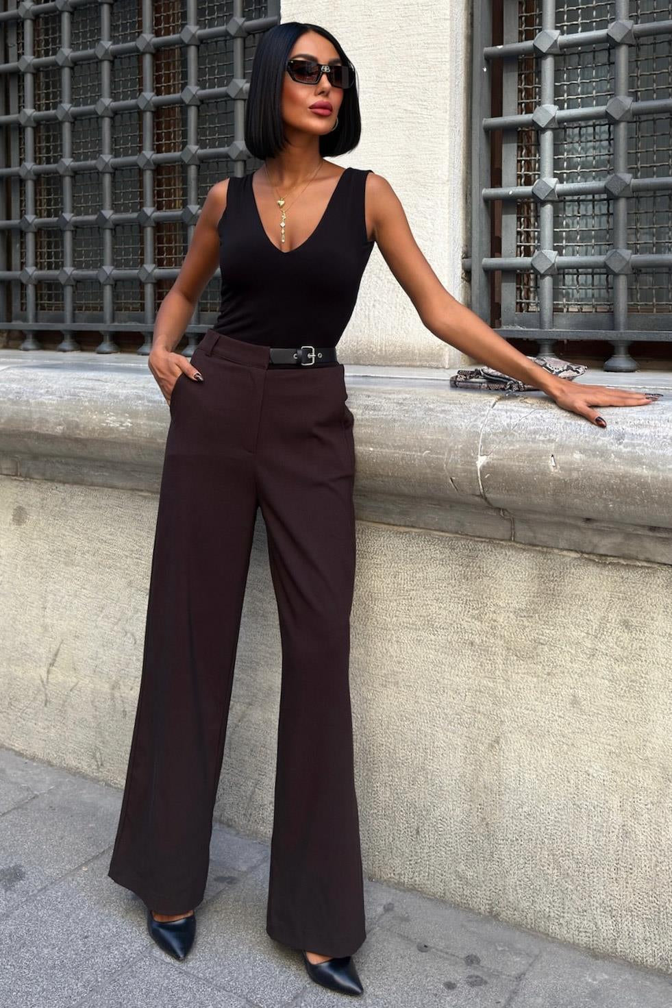 Belted High-Waist Wide Leg Pants – Premium Polyviscose Fabric