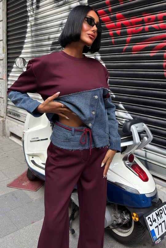 Denim Detailed Two-Tone Modal Sweatshirt & Wide-Leg Pants Set