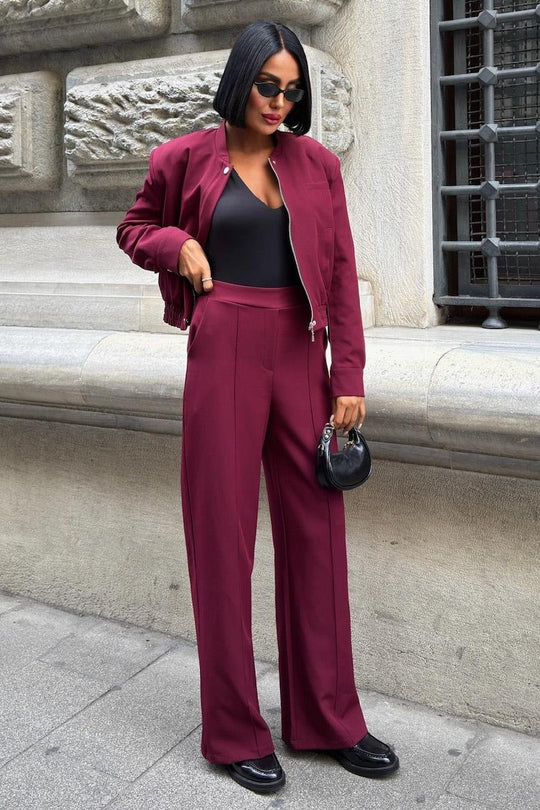Elegant Wine Red Two-Piece Suit – Double Fabric Long Sleeve Bomber Jacket & Wide-Leg Pants Set