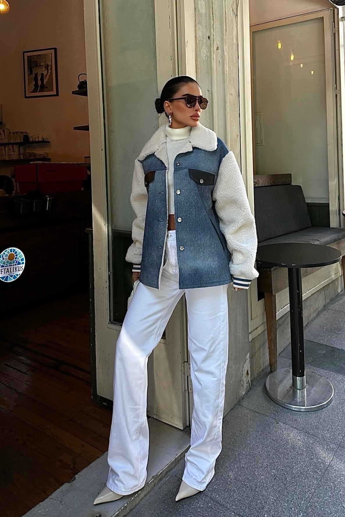 Denim & Sherpa Panel Bomber Jacket – Cozy Street Chic Contrast Design