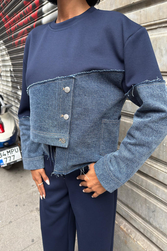 Denim Detailed Two-Tone Modal Sweatshirt & Wide-Leg Pants Set