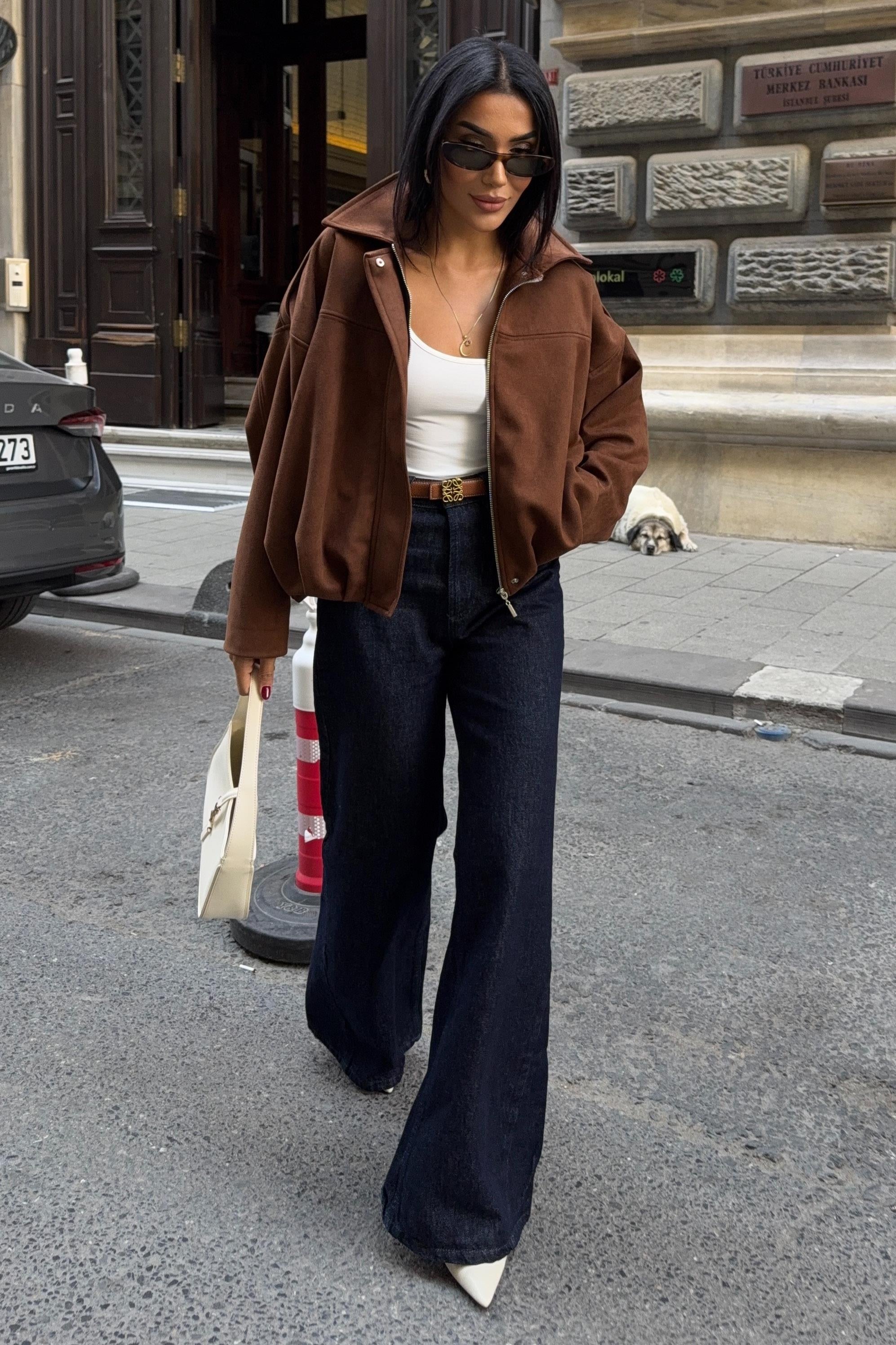 Premium Suede Bomber Jacket – Oversized Short Jacket for Women