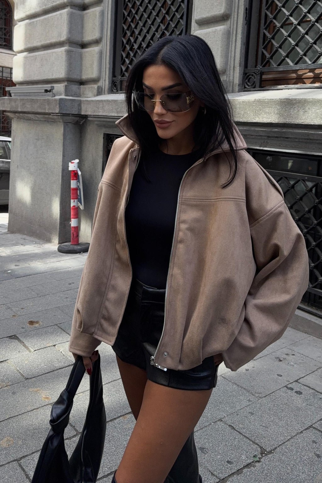 Premium Suede Bomber Jacket – Oversized Short Jacket for Women