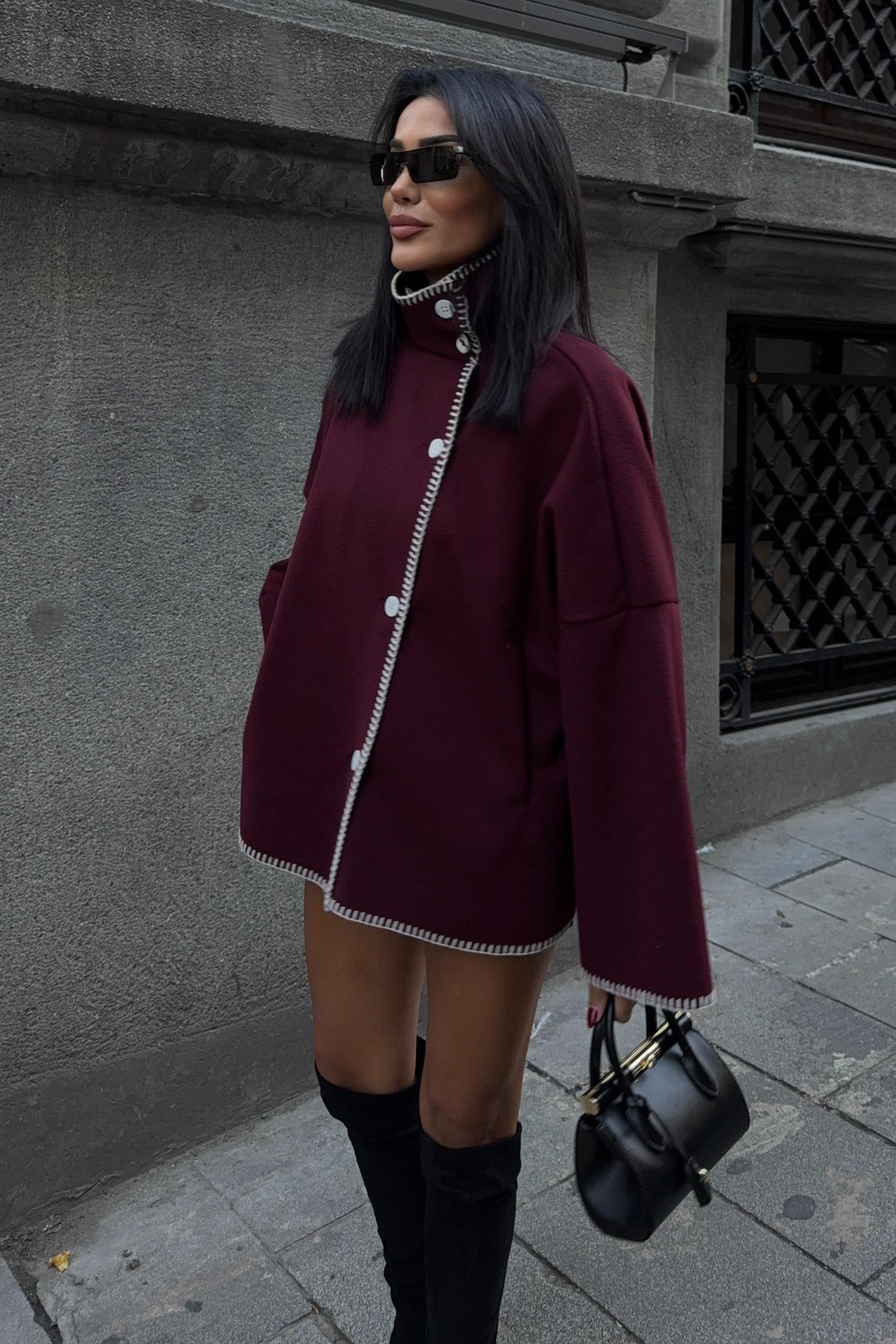 High-Neck Wool Blend Coat with Contrast Stitch Detail – Elegant Midi Length