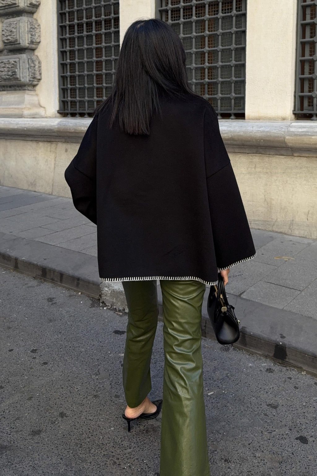 High-Neck Wool Blend Coat with Contrast Stitch Detail – Elegant Midi Length