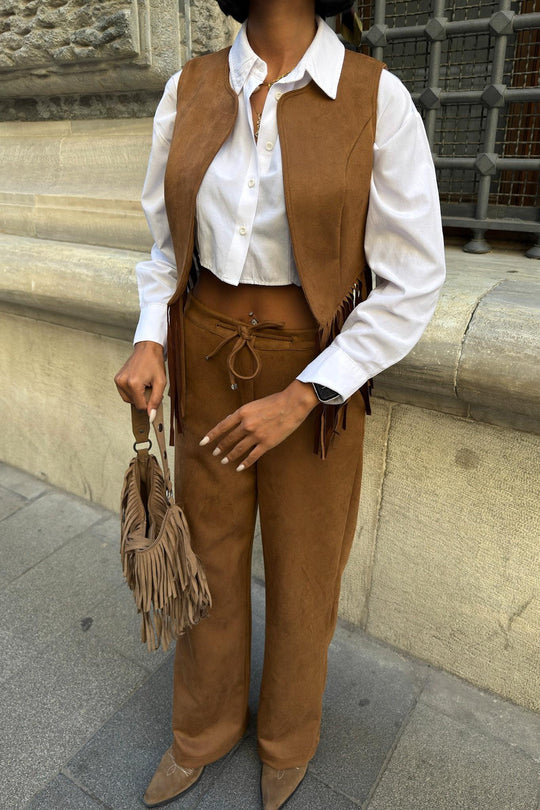 Fringe Detail Suede Vest & Pants Set – Boho Western Chic Outfit
