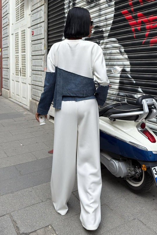 Denim Detailed Two-Tone Modal Sweatshirt & Wide-Leg Pants Set
