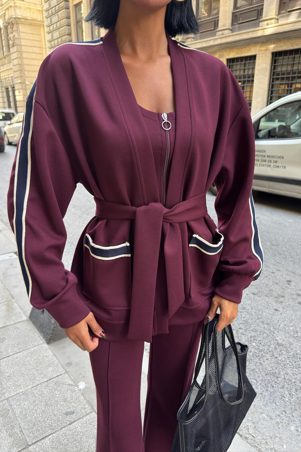 Striped Waist-Belt 3-Piece Tracksuit Set – Premium Rayon Blend Comfort Fit