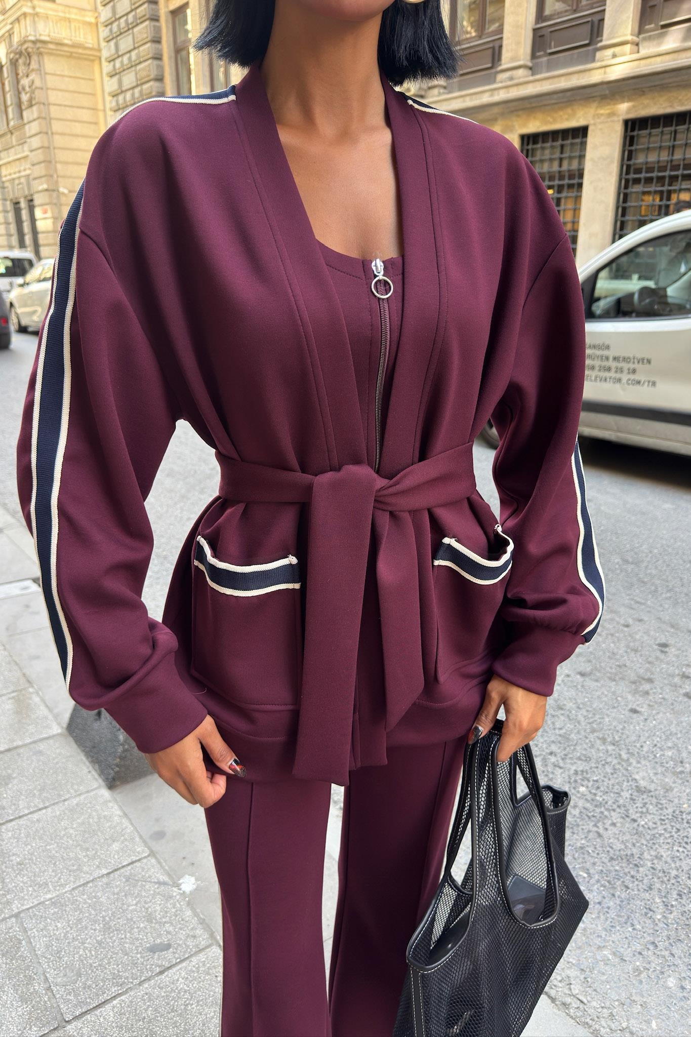 Striped Waist-Belt 3-Piece Tracksuit Set – Premium Rayon Blend Comfort Fit