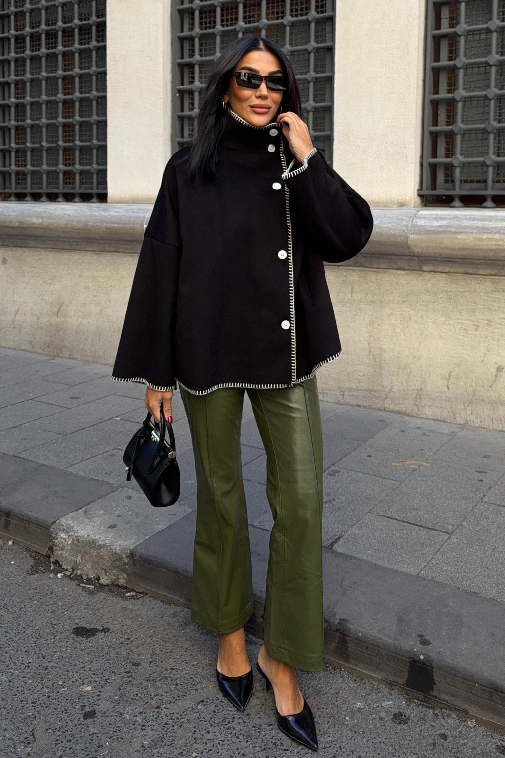 High-Neck Wool Blend Coat with Contrast Stitch Detail – Elegant Midi Length