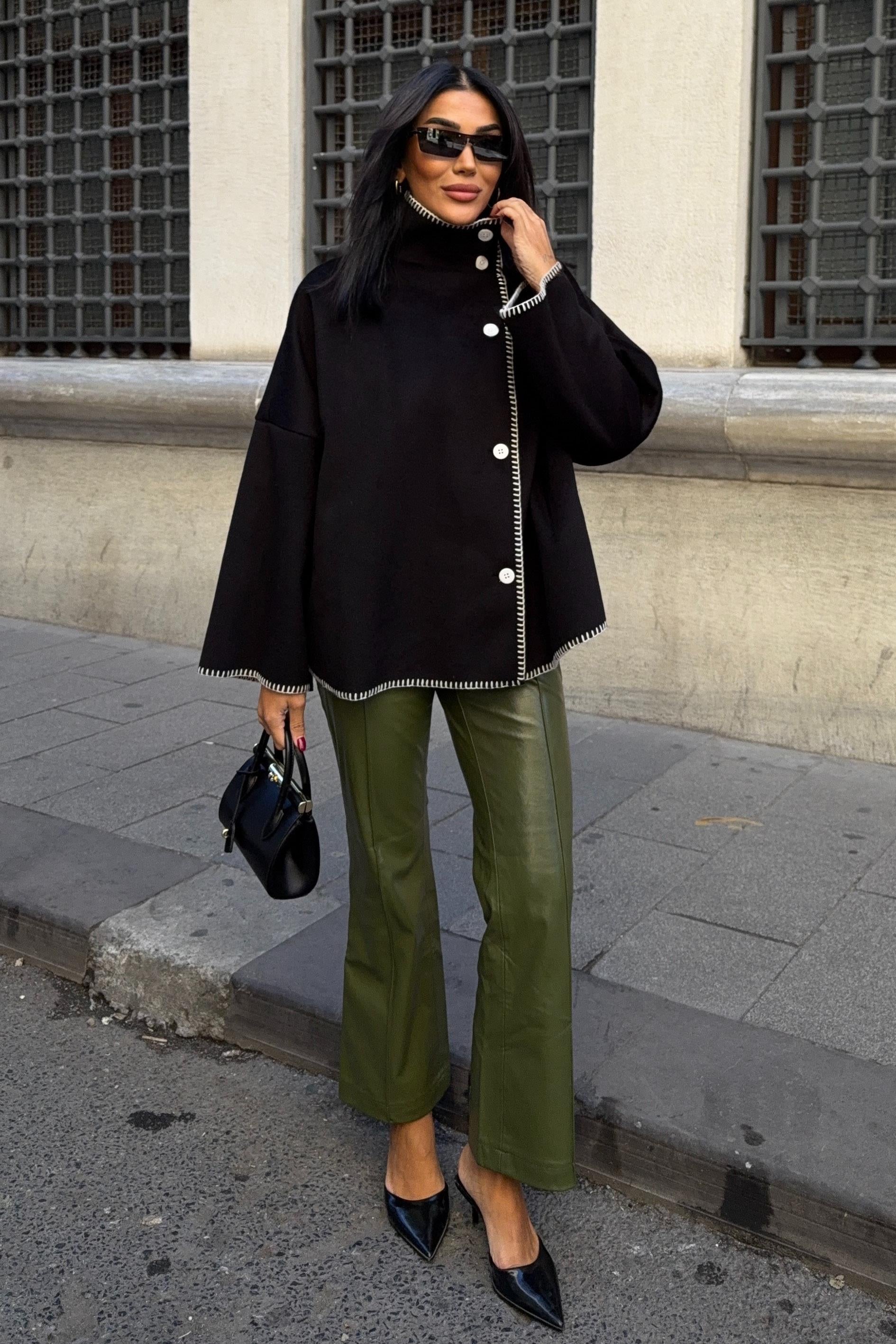 High-Neck Wool Blend Coat with Contrast Stitch Detail – Elegant Midi Length
