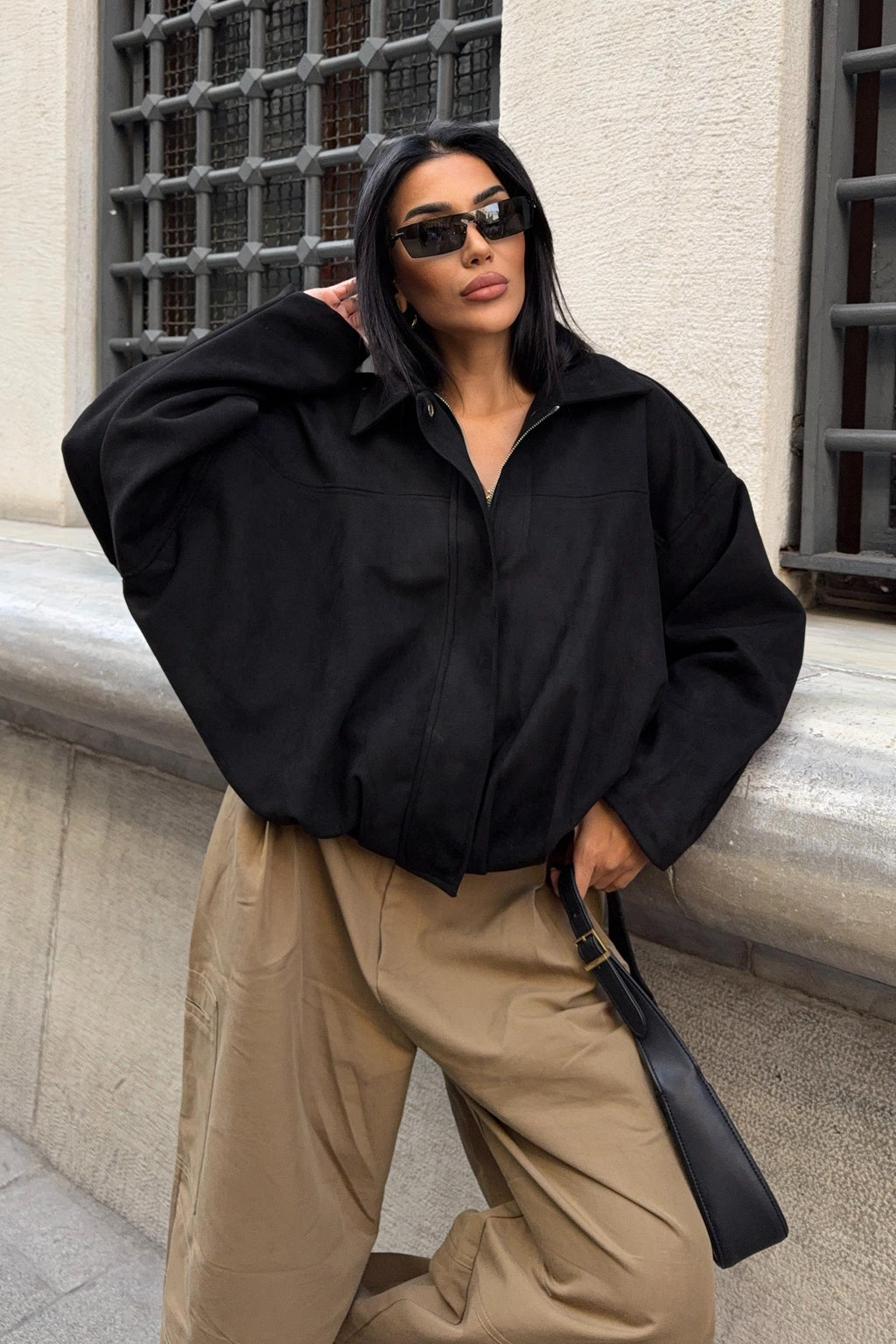 Premium Suede Bomber Jacket – Oversized Short Jacket for Women