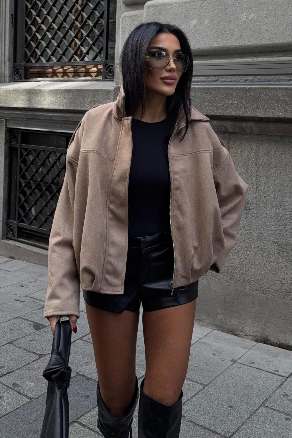 Premium Suede Bomber Jacket – Oversized Short Jacket for Women