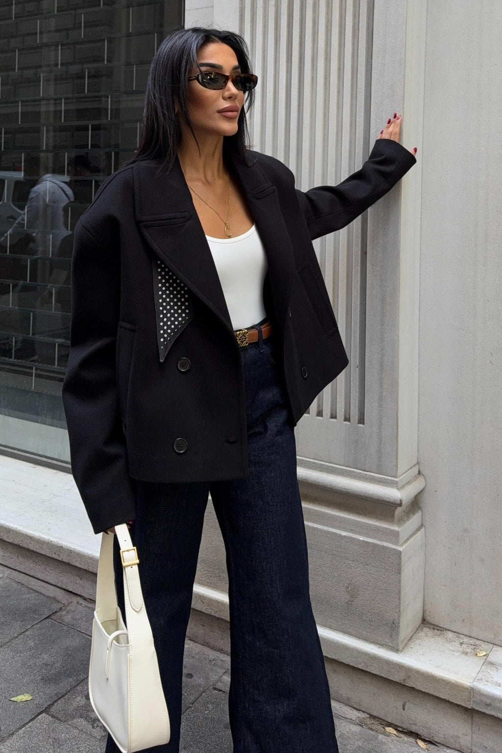 Premium Wool-Blend Short Coat with Scarf Detail – Elegant Casual Jacket for Women