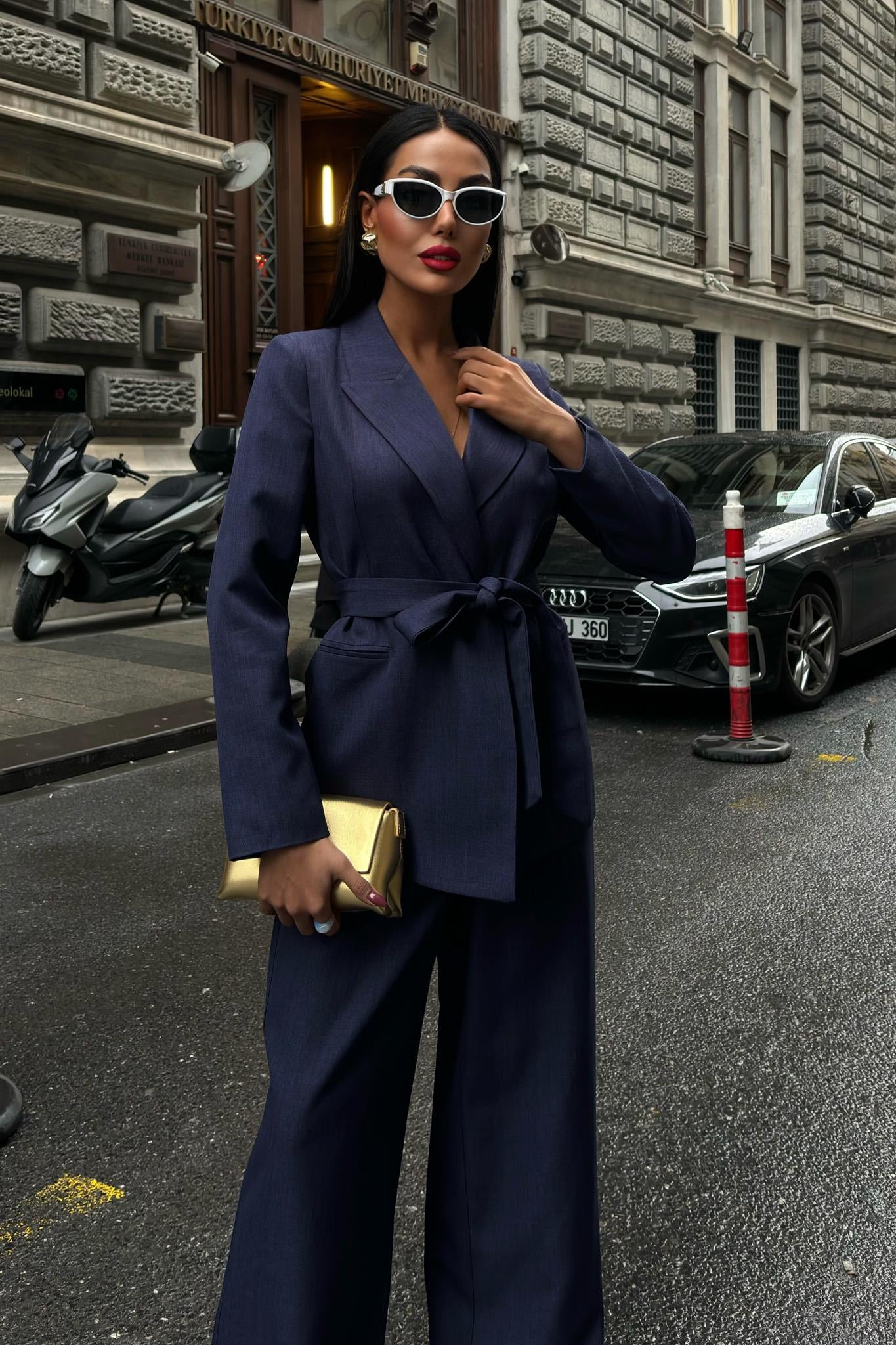 Belted Blazer & Trousers Set – Elegant Business Two-Piece Suit for Women