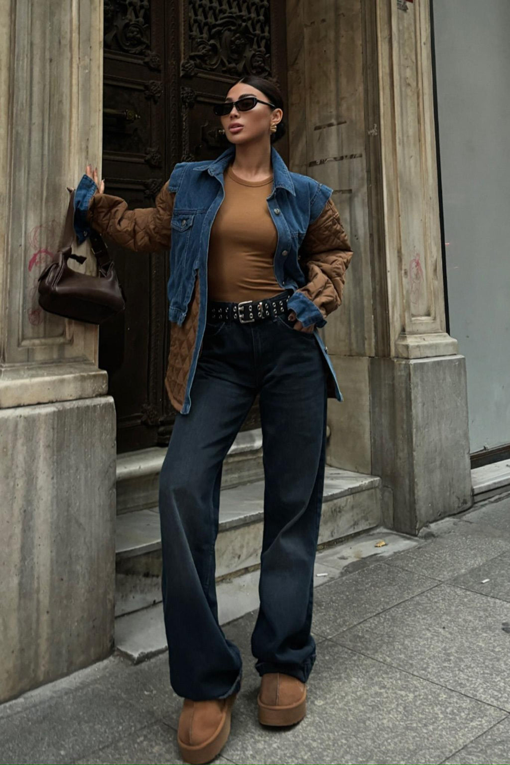 Denim Panel Quilted Long Jacket – Two-Tone Streetwear Layer for Effortless Cool