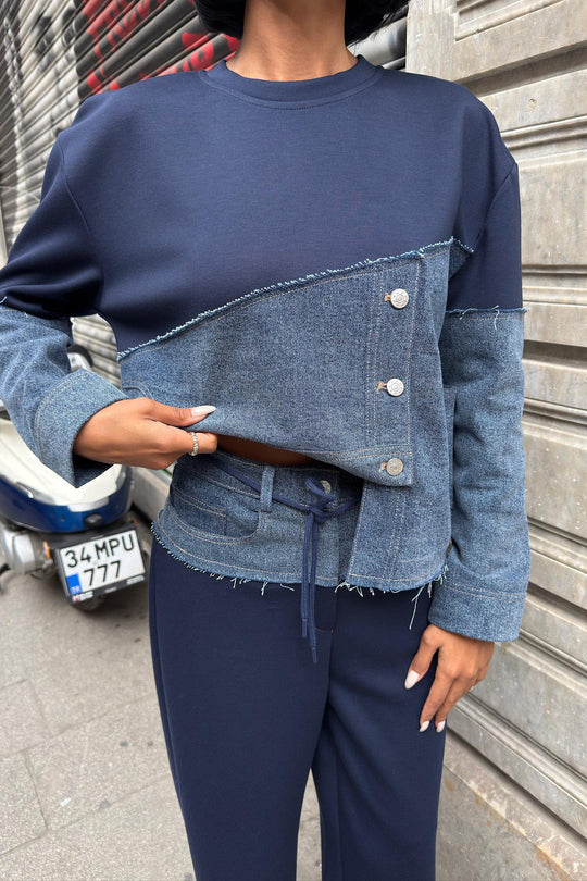 Denim Detailed Two-Tone Modal Sweatshirt & Wide-Leg Pants Set