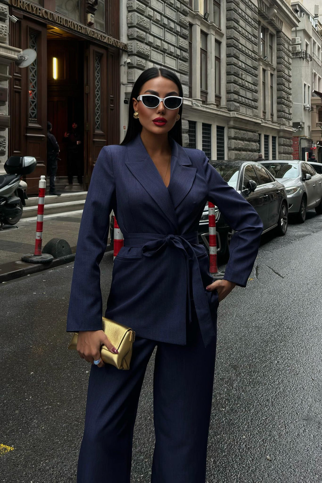 Belted Blazer & Trousers Set – Elegant Business Two-Piece Suit for Women