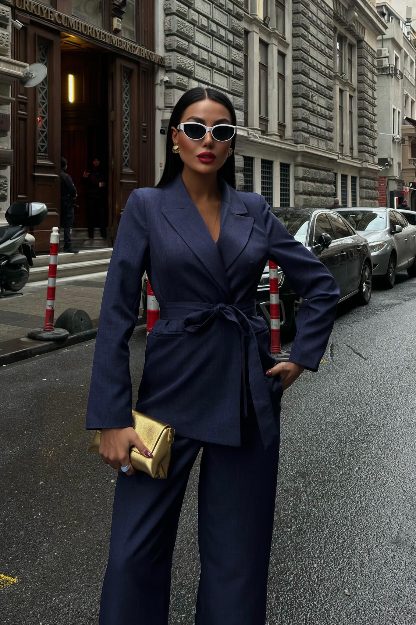 Belted Blazer & Trousers Set – Elegant Business Two-Piece Suit for Women