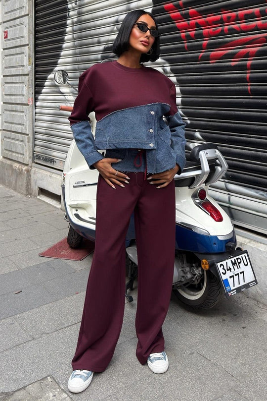 Denim Detailed Two-Tone Modal Sweatshirt & Wide-Leg Pants Set