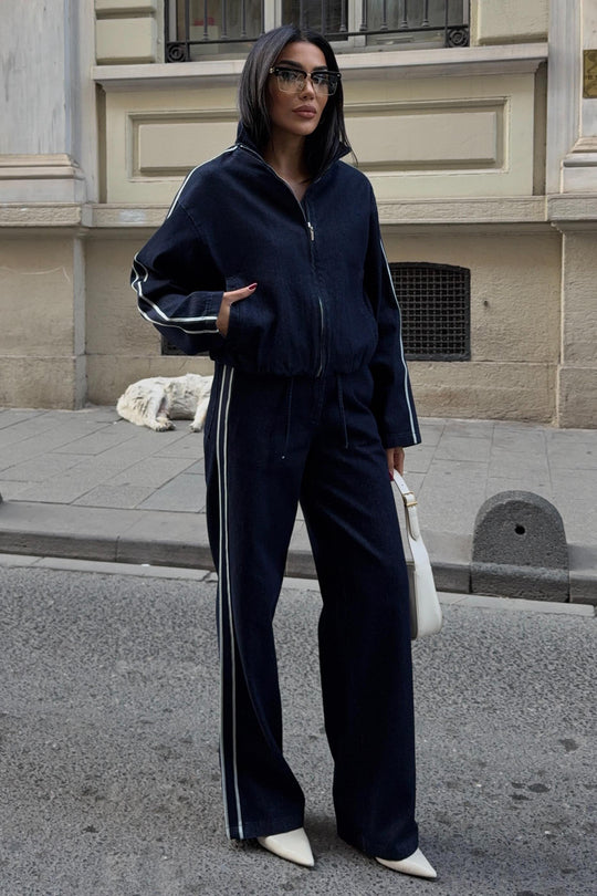 Denim Stripe Jacket & Pants Set – Premium Casual Street Style