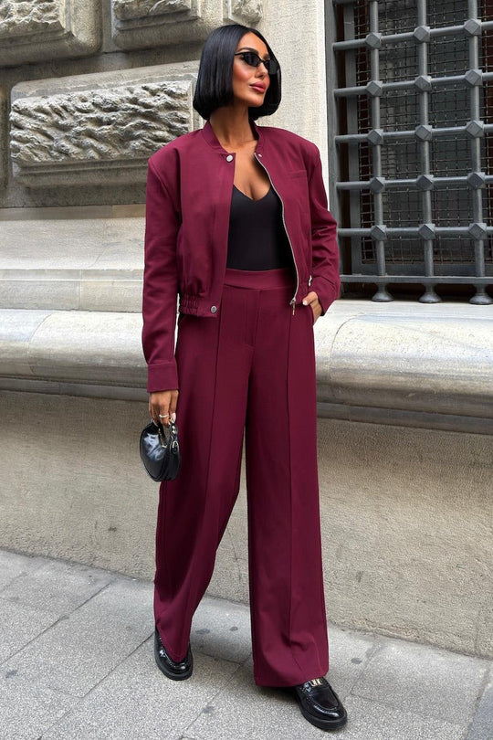 Elegant Wine Red Two-Piece Suit – Double Fabric Long Sleeve Bomber Jacket & Wide-Leg Pants Set