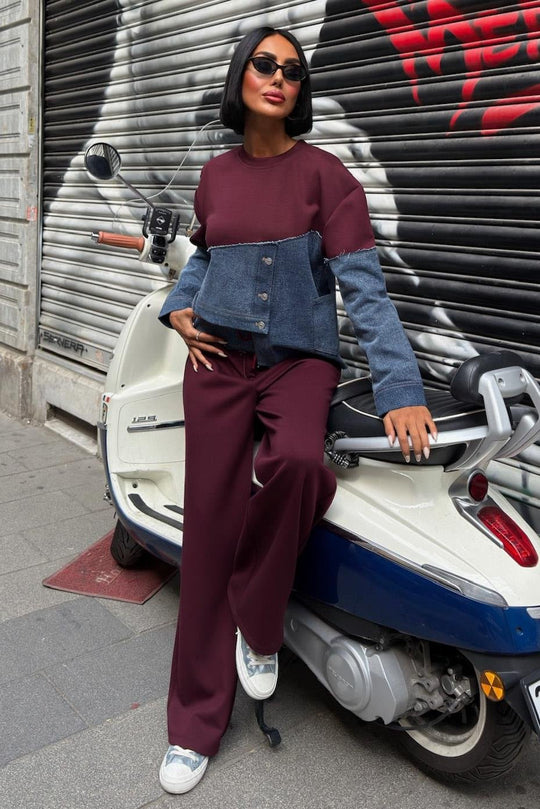 Denim Detailed Two-Tone Modal Sweatshirt & Wide-Leg Pants Set