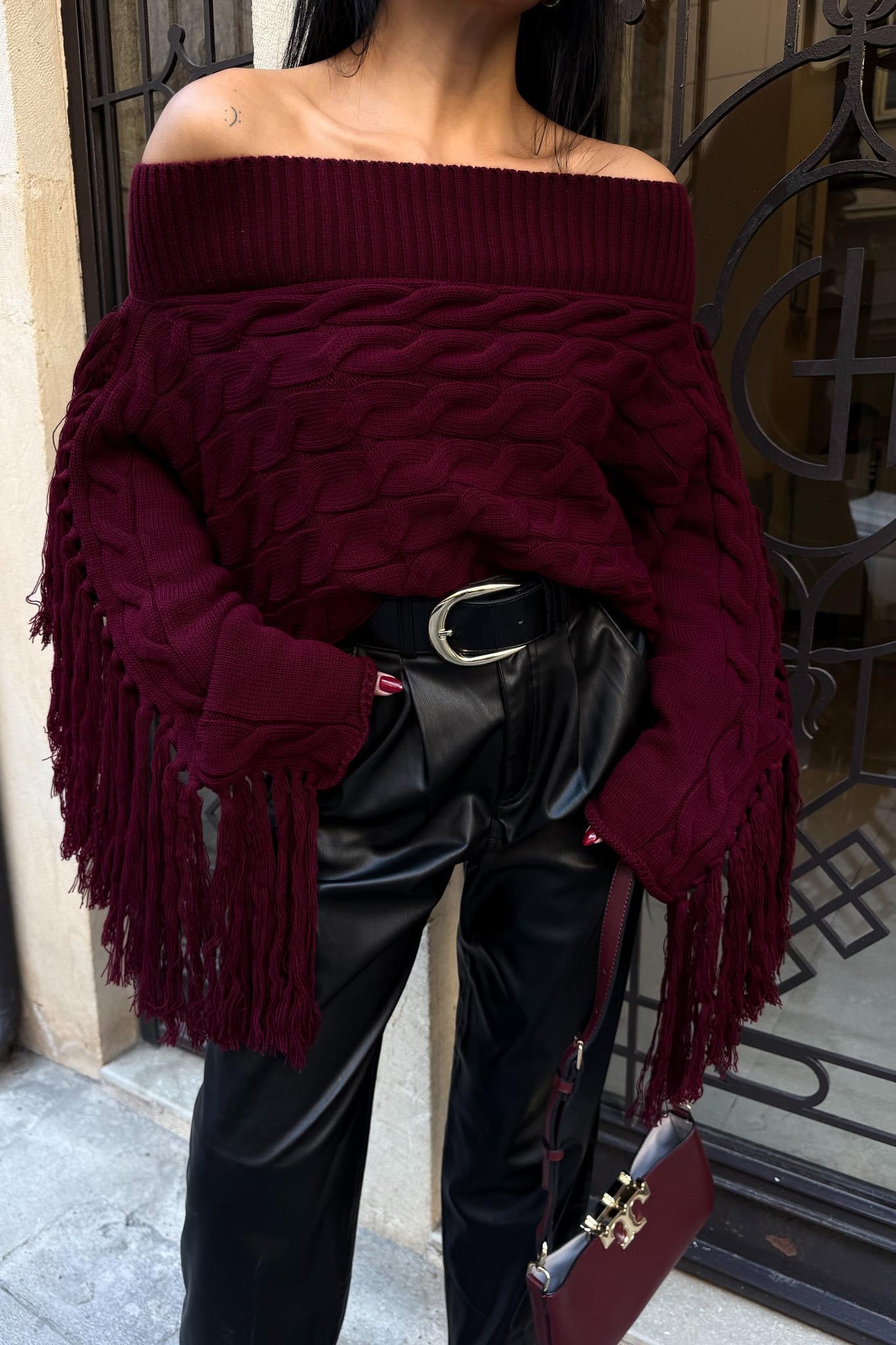 Aidan Off-Shoulder Fringe Knit Sweater – Oversized Cable Texture Chic Pullover