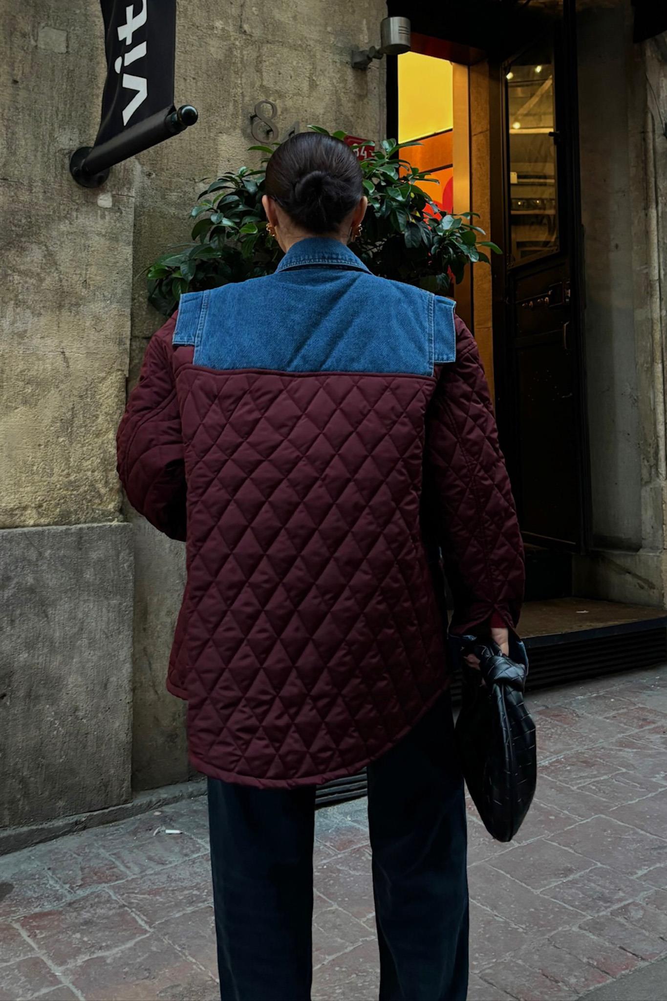 Denim Panel Quilted Long Jacket – Two-Tone Streetwear Layer for Effortless Cool