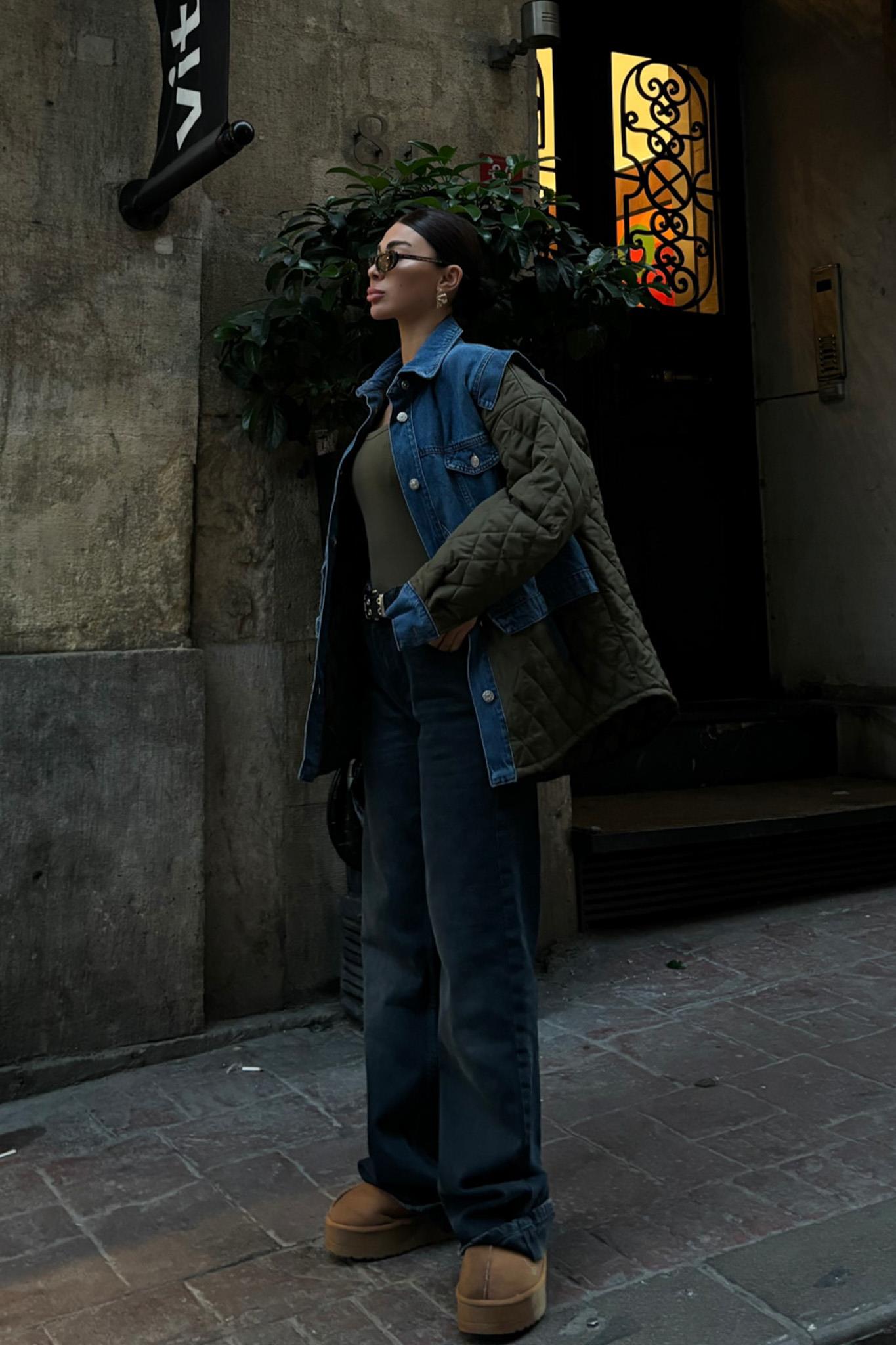 Denim Panel Quilted Long Jacket – Two-Tone Streetwear Layer for Effortless Cool
