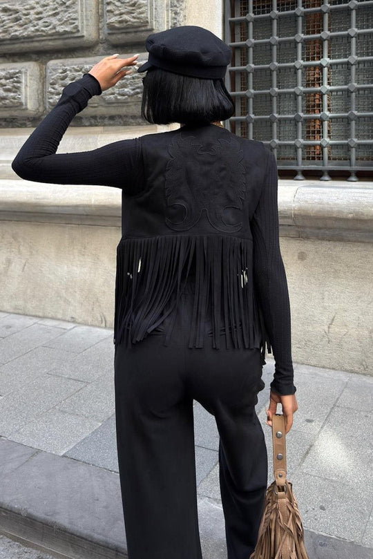 Fringe Detail Suede Vest & Pants Set – Boho Western Chic Outfit