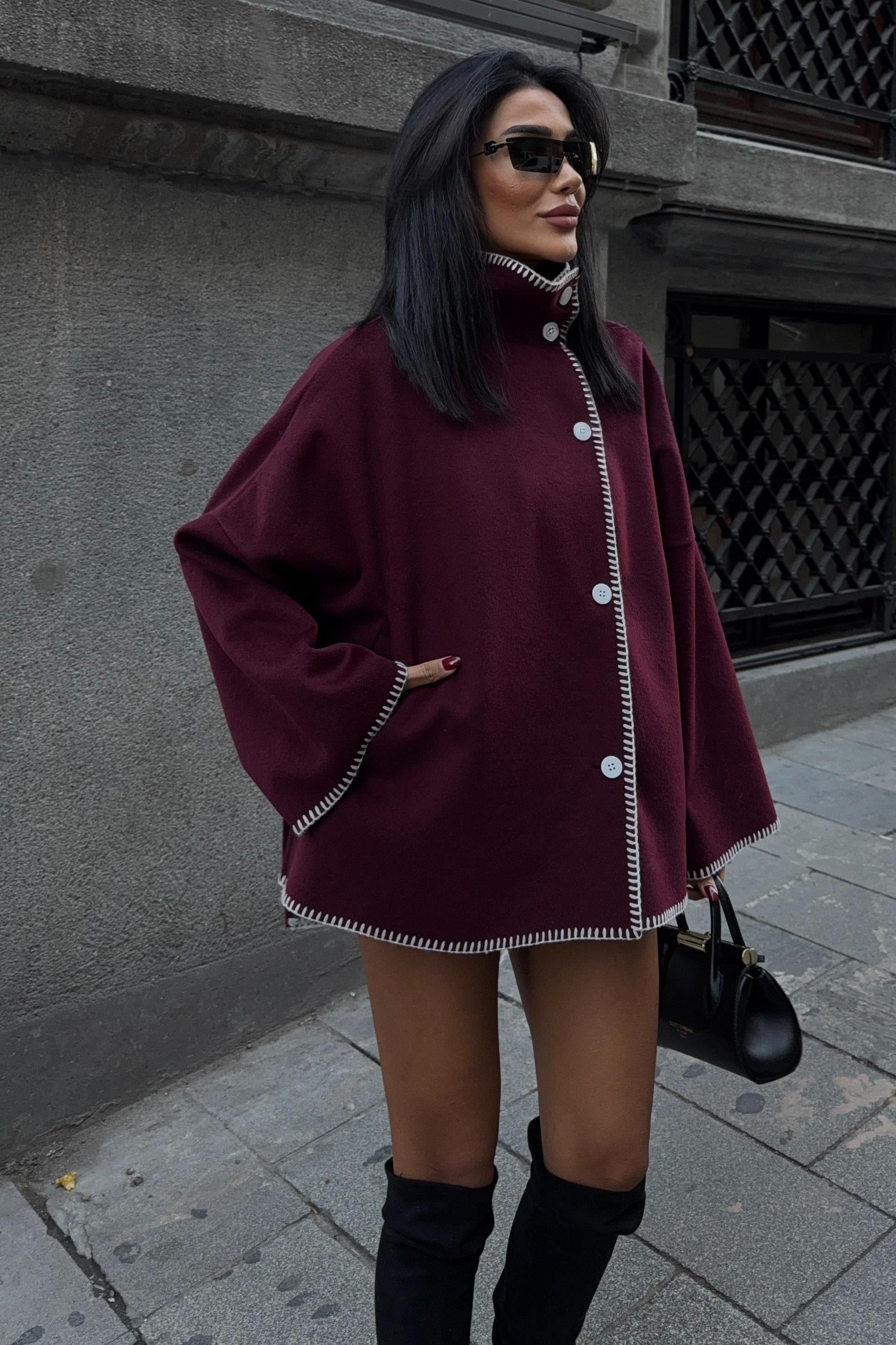 High-Neck Wool Blend Coat with Contrast Stitch Detail – Elegant Midi Length