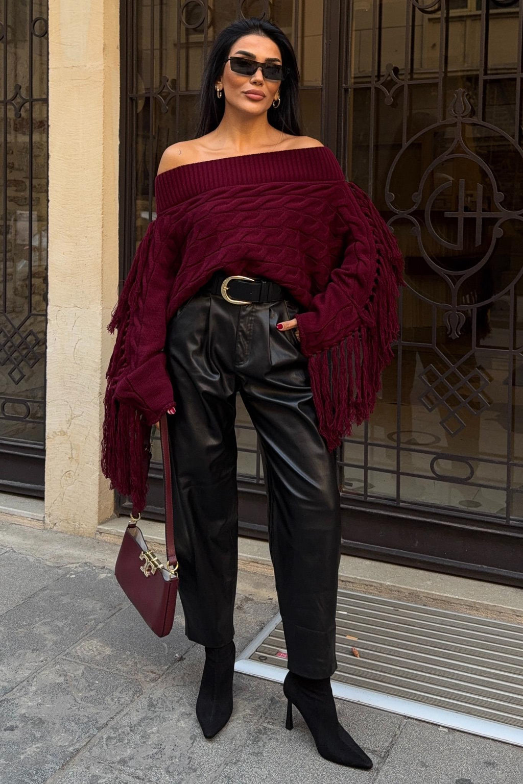 Aidan Off-Shoulder Fringe Knit Sweater – Oversized Cable Texture Chic Pullover